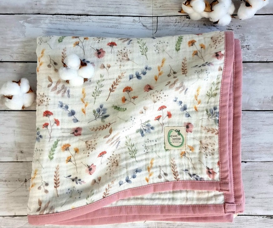 Organic cotton muslin baby blanket Wildflowers print