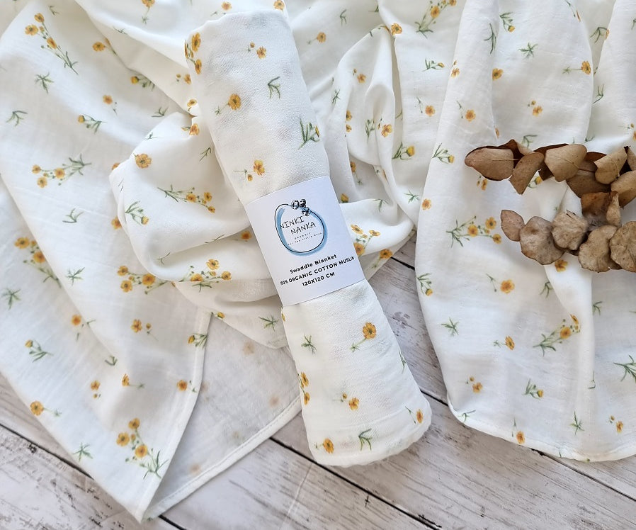 Buttercup floral muslin swaddle 100% organic cotton