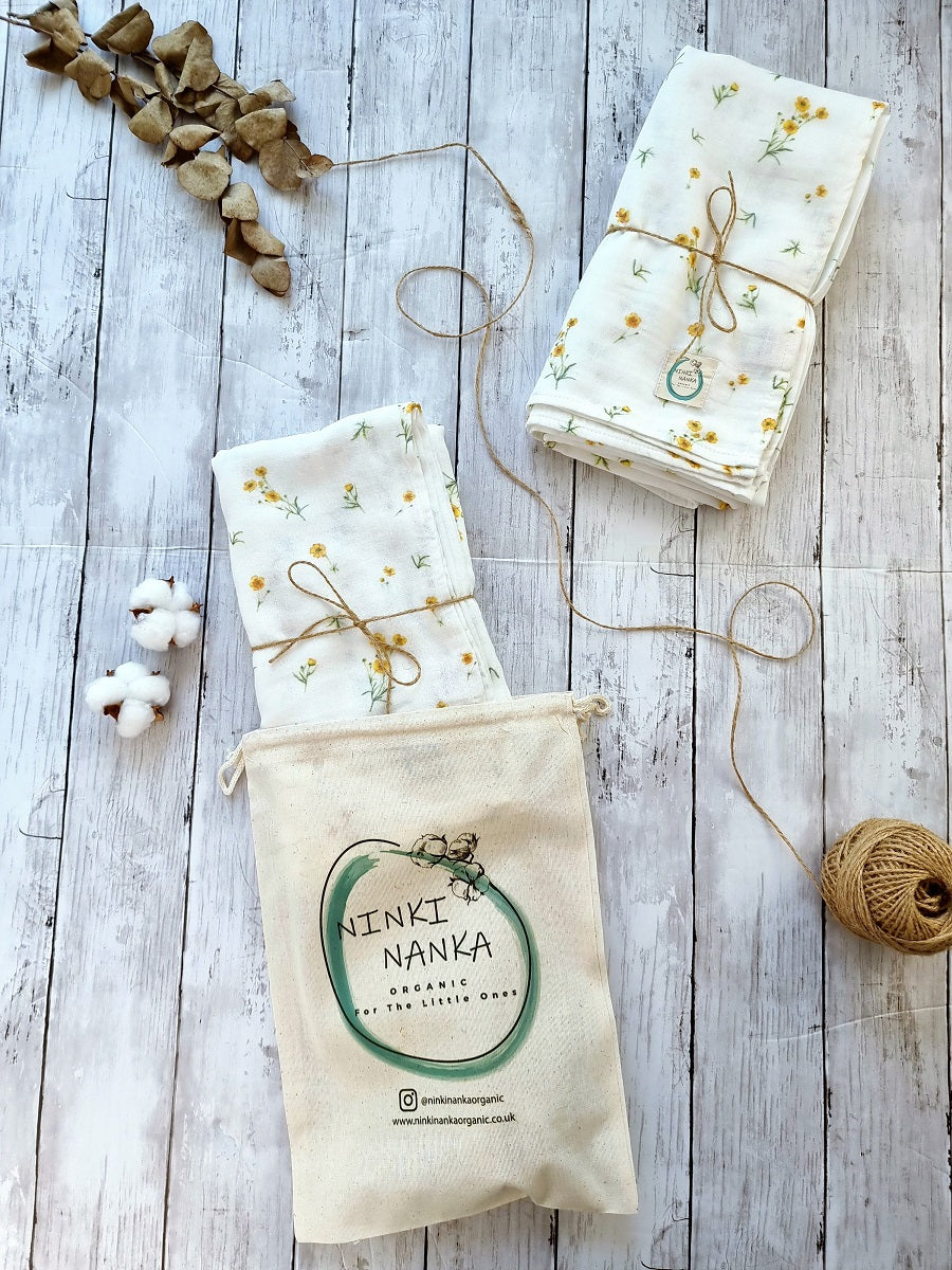 Buttercup floral muslin swaddle 100% organic cotton