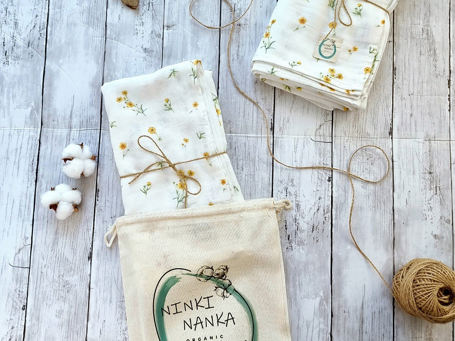 Buttercup floral muslin swaddle 100% organic cotton