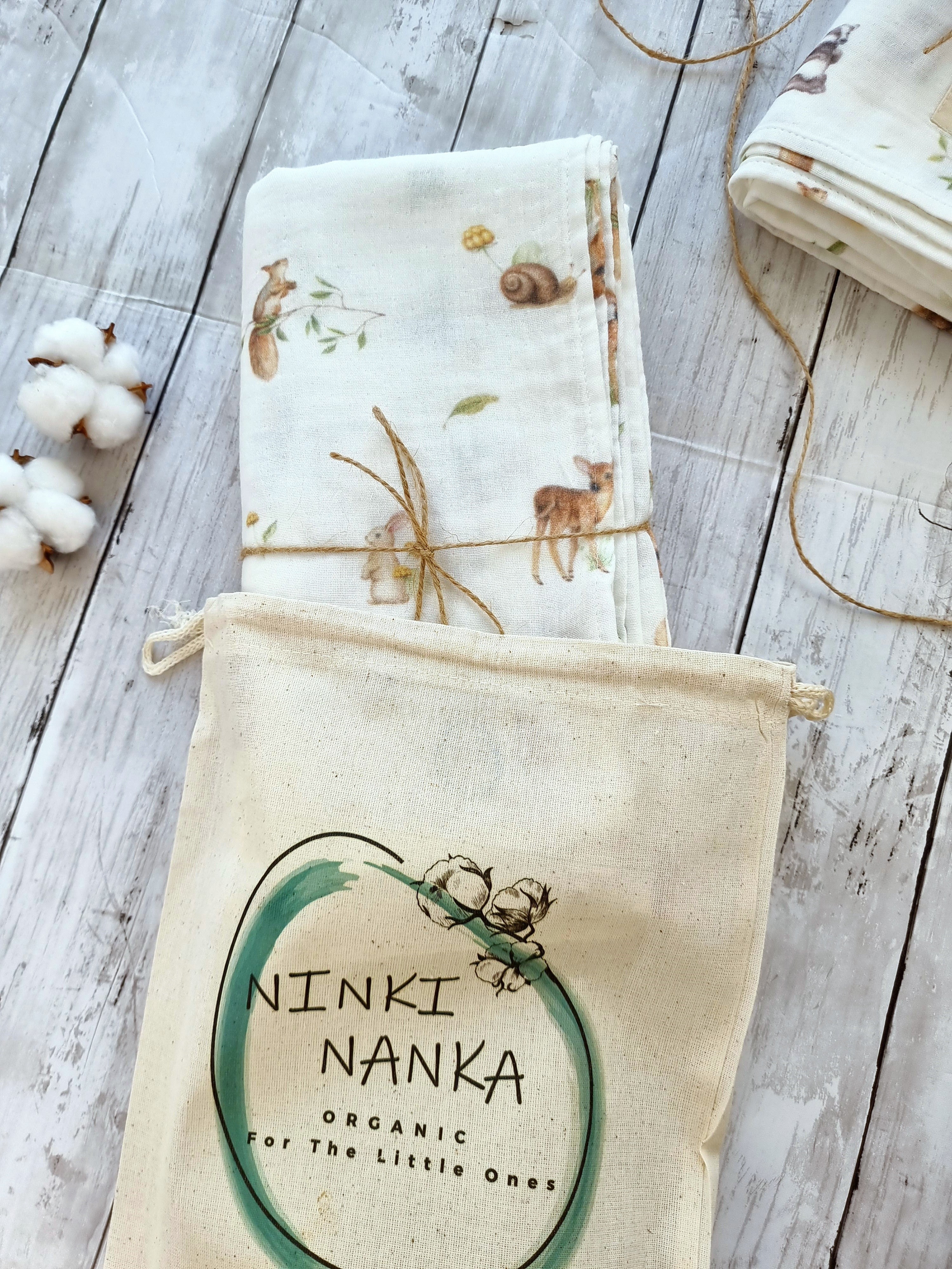Woodland animals muslin swaddle, 100% organic cotton 