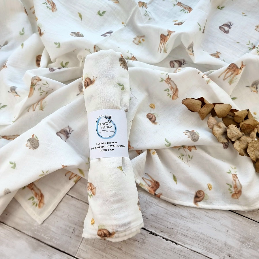 Woodland animals muslin swaddle, 100% organic cotton 