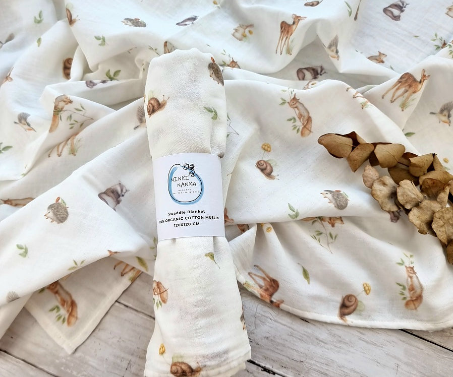 Woodland animals muslin swaddle, 100% organic cotton 