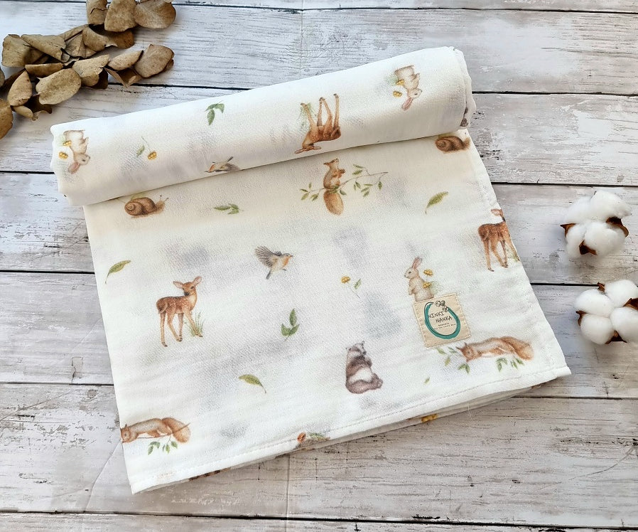 Woodland animals muslin swaddle, 100% organic cotton 