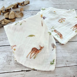 Woodland animals muslin dribble bib, baby dribble bib with animal prints, 100% organic cotton bibs