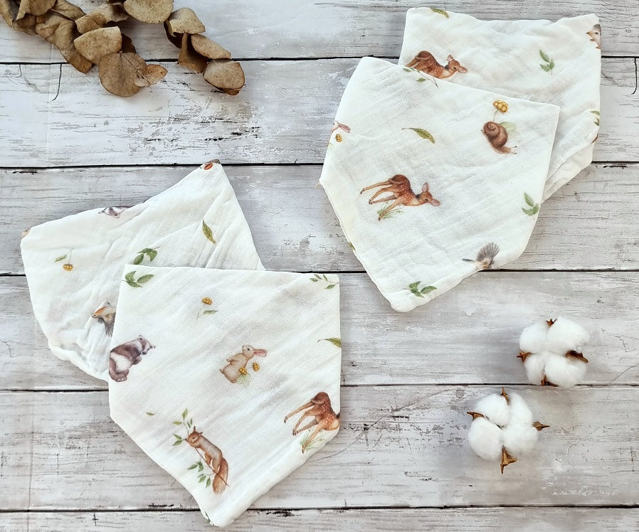 Woodland animals muslin dribble bib pack of four, baby dribble bib with animal prints, 100% organic cotton bibs
