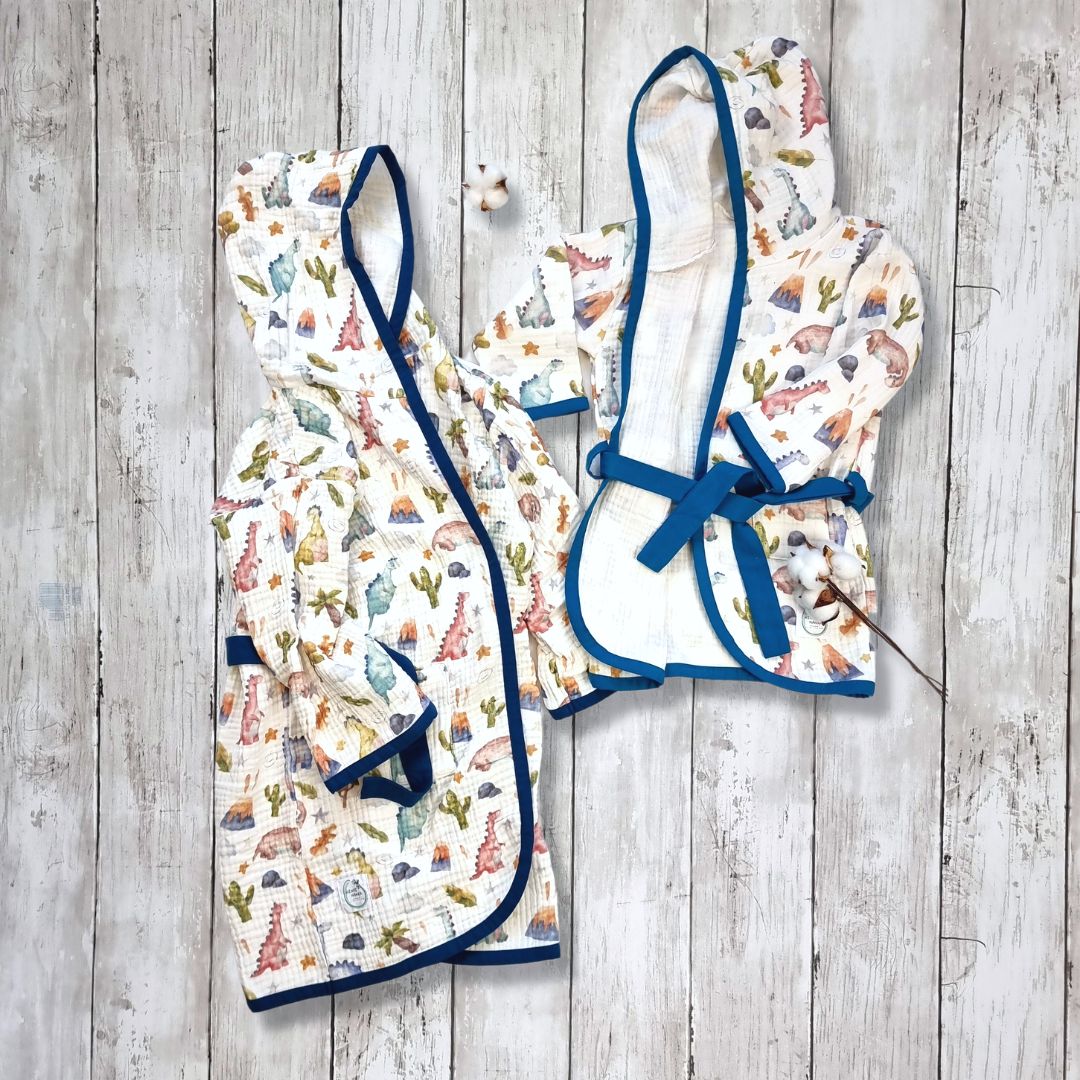 Dinosaour muslin kids dressing gown, bath robe for children