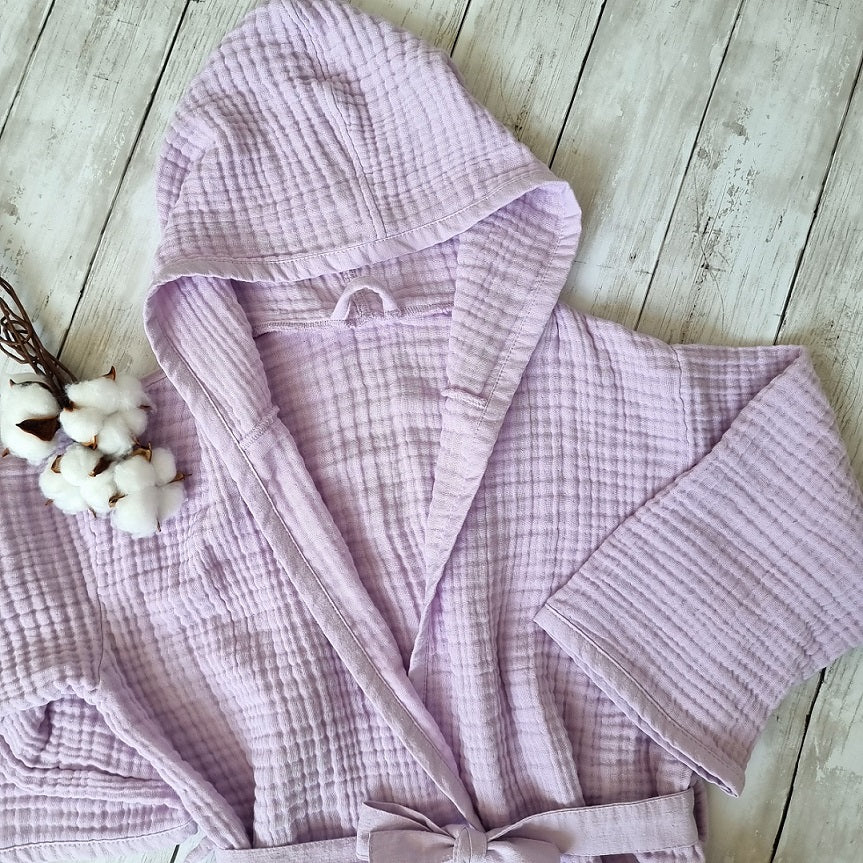 Lilac kids hooded towelling robe 