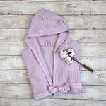 Lilac kids hooded towelling robe for holidays, after bath, swimming sessions