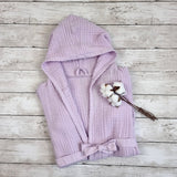 Lilac kids hooded towelling robe for holidays, after bath, swimming sessions