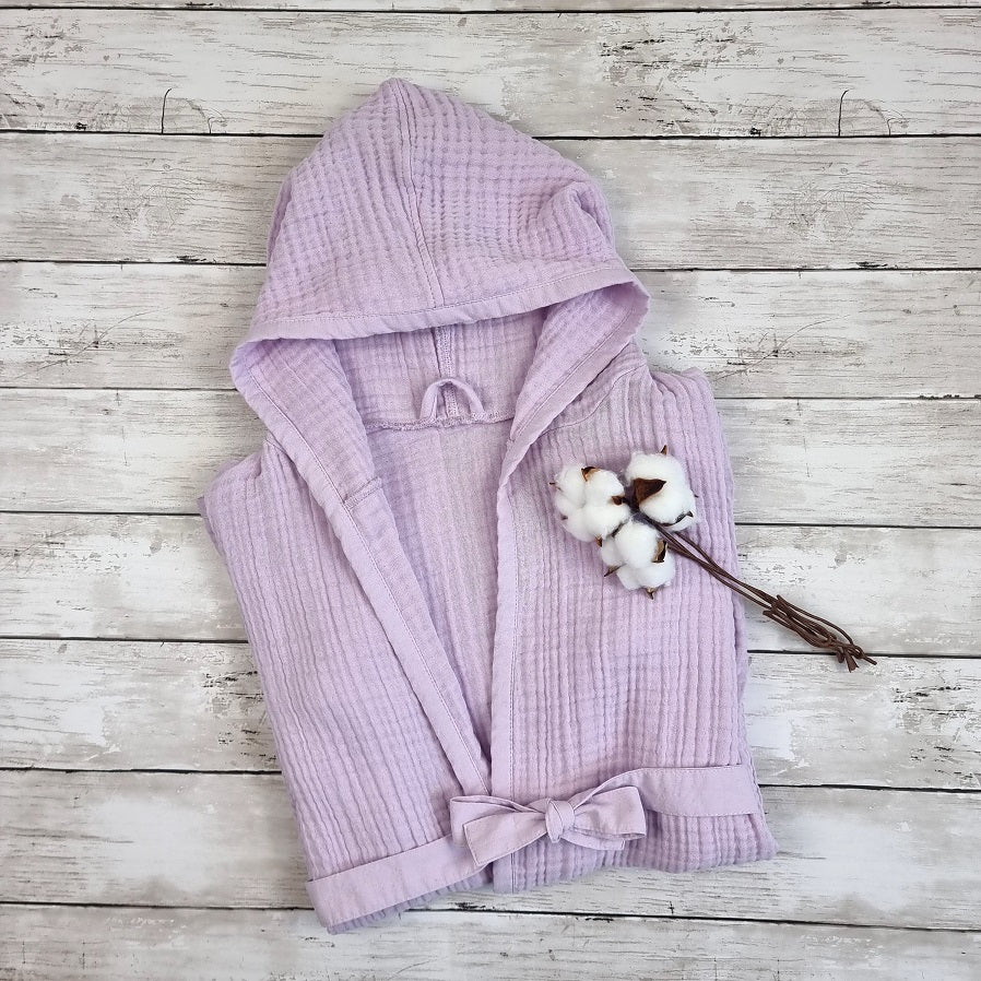 Lilac kids hooded towelling robe for holidays, after bath, swimming sessions