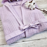 Lilac kids hooded towelling robe for holidays, after bath, swimming sessions