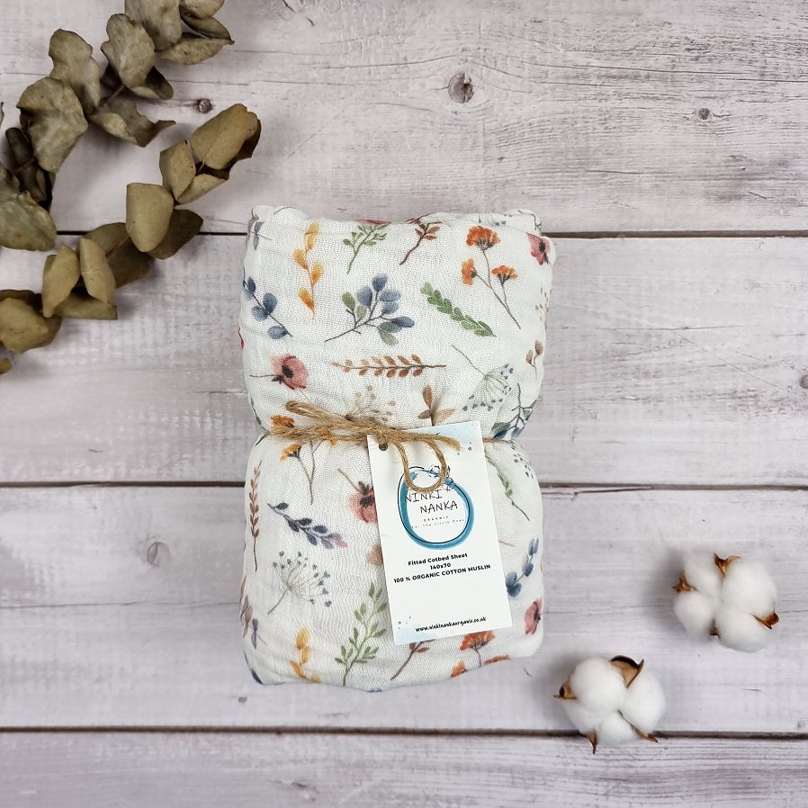 Wildflowers muslin cot bed fitted sheet 140x 70 cm, FLoral organic cotton cot bed sheets