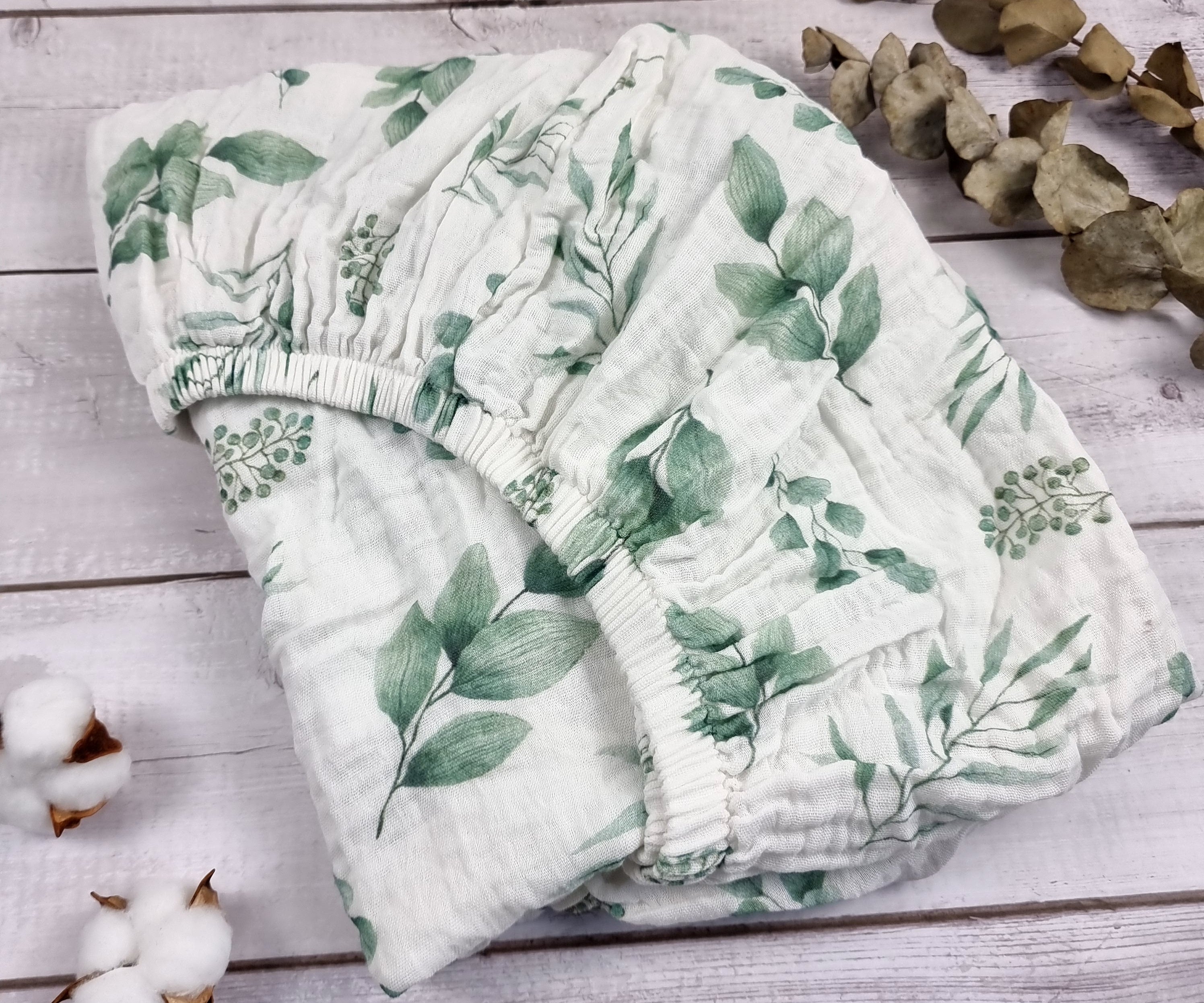 Olive leaves muslin cot bed fitted sheet