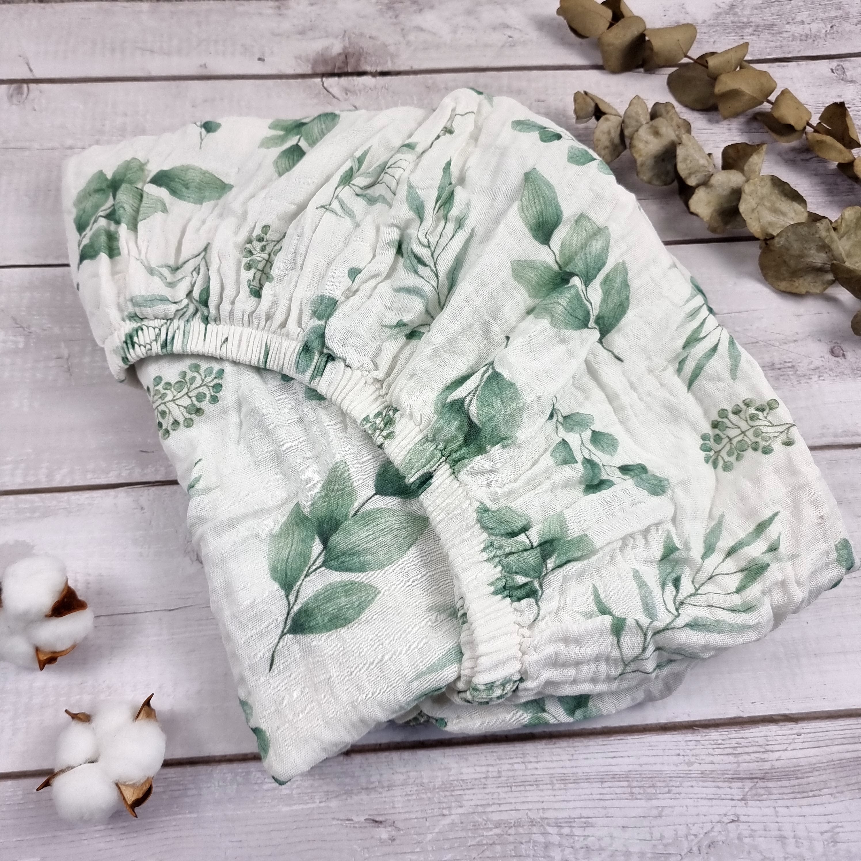 Olive leaves muslin cot bed fitted sheet