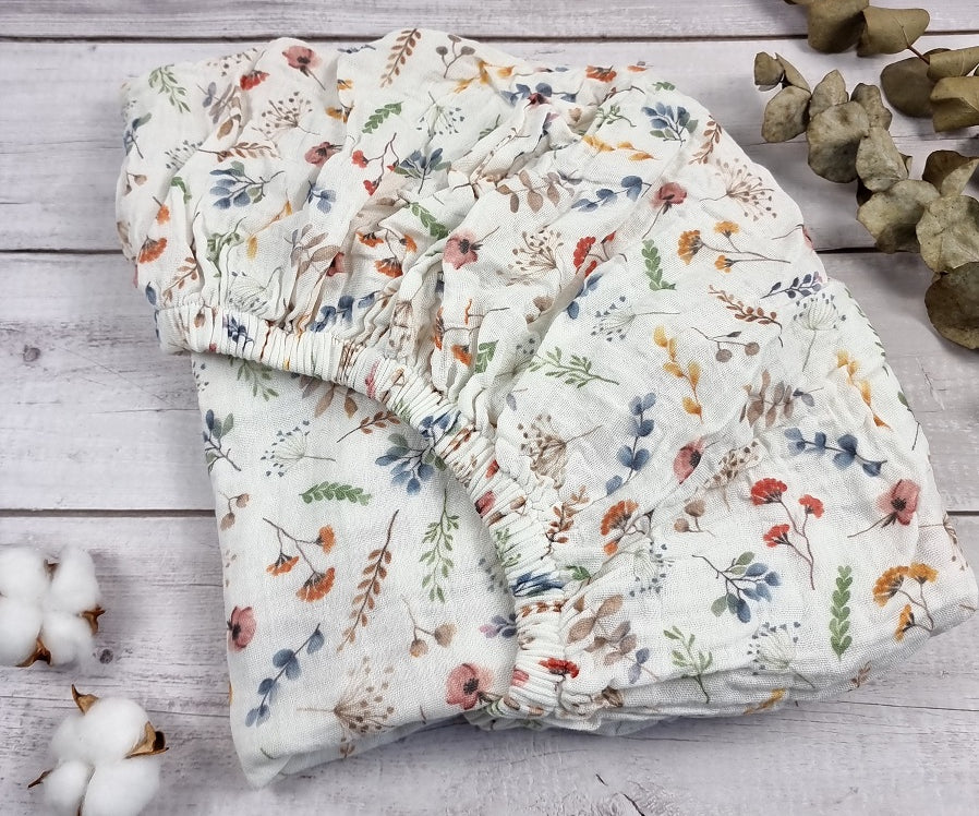 Wildflowers muslin cot bed fitted sheet 140x 70 cm, FLoral organic cotton cot bed sheets