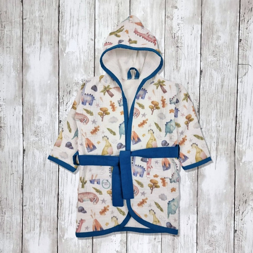 Dinosaour muslin kids dressing gown, bath robe for children