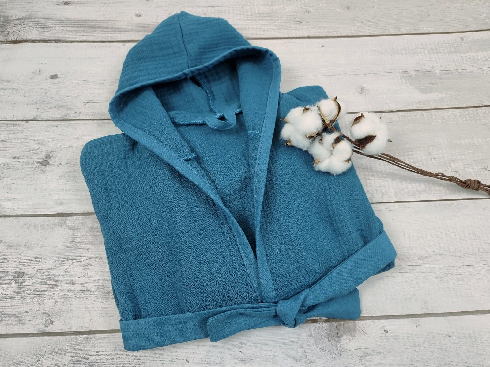 Hooded muslin Kids Dressing Gown, Children's beach cover-up, Hooded pool beach towel for kids, Blue bath towelling robe