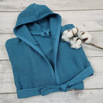 Hooded muslin Kids Dressing Gown, Children's beach cover-up, Hooded pool beach towel for kids, Blue bath towelling robe