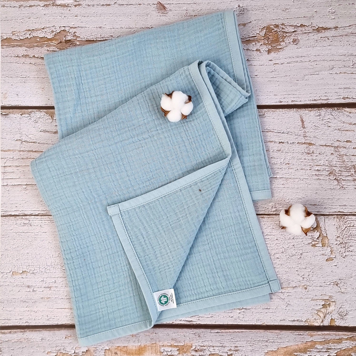 Light blue organic muslin Quilt Blanket for newborns, toddler and beyond.