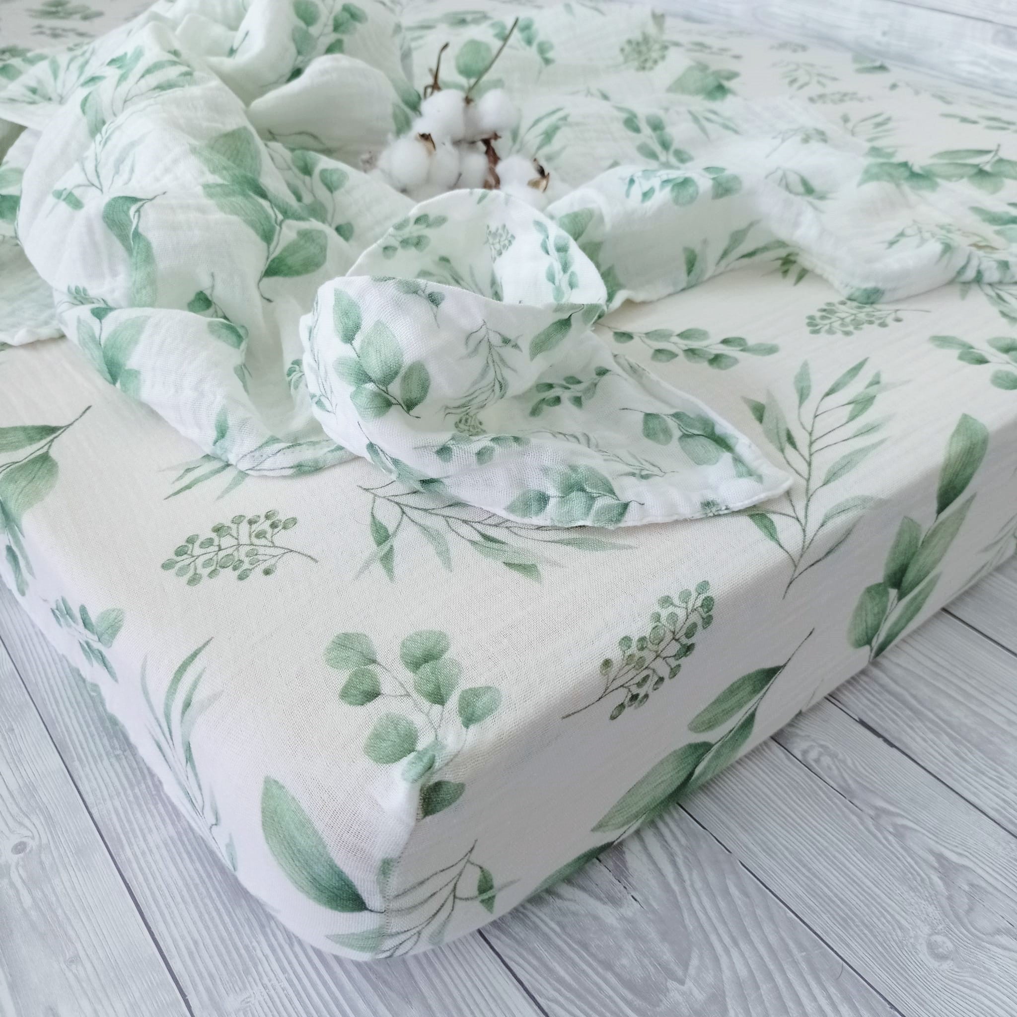 Olive leaves muslin cot bed fitted sheet