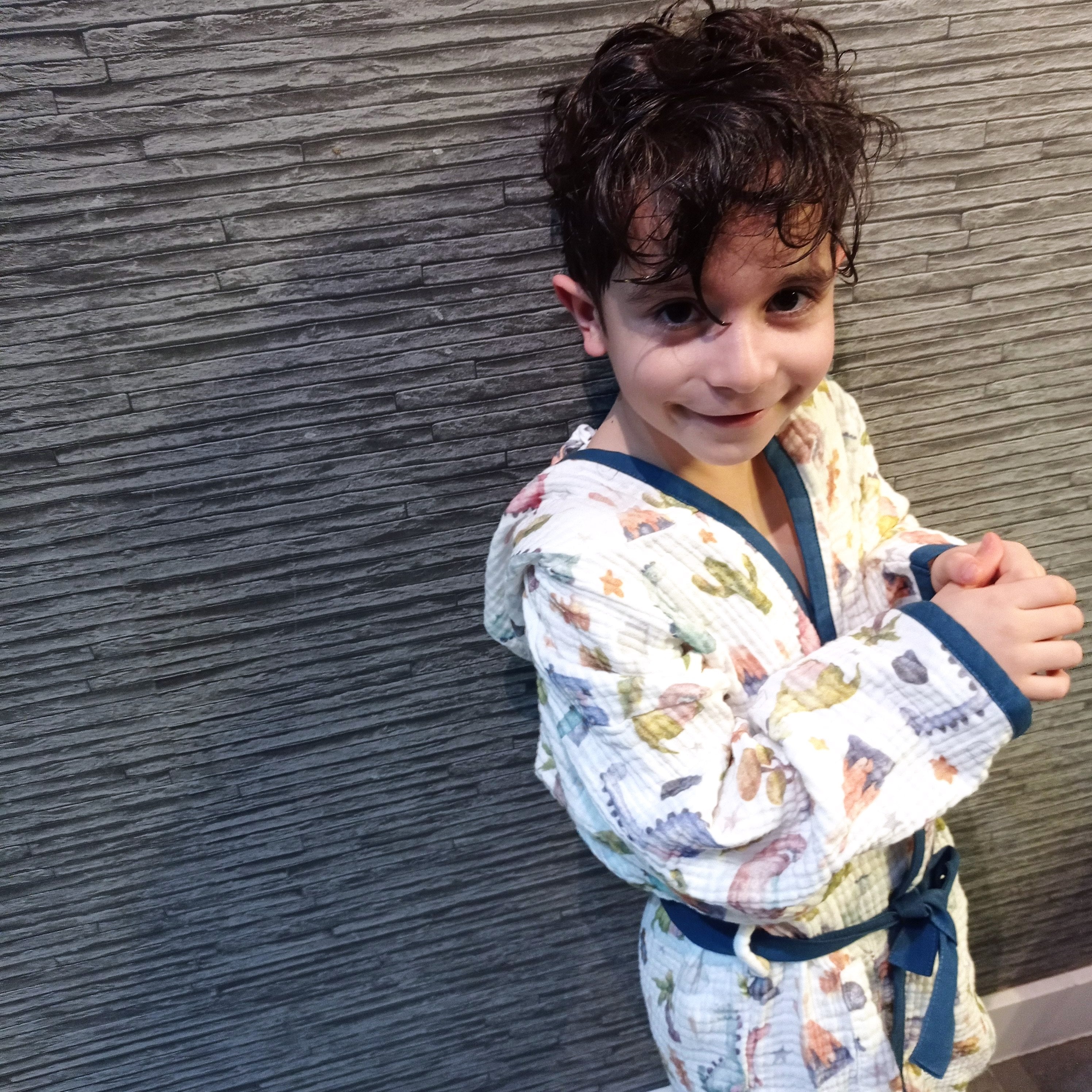 Dinosaour muslin kids dressing gown, bath robe for children Age 5-74