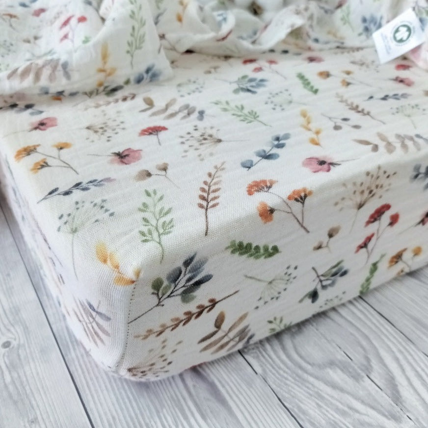 Wildflowers muslin cot bed fitted sheet 140x 70 cm, FLoral organic cotton cot bed sheets