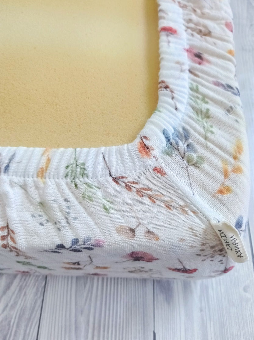 Wildflowers muslin cot bed fitted sheet 140x 70 cm, FLoral organic cotton cot bed sheets