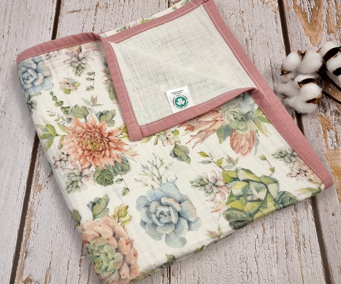 Floral printed organic muslin blanket for baby girls and toddlers.