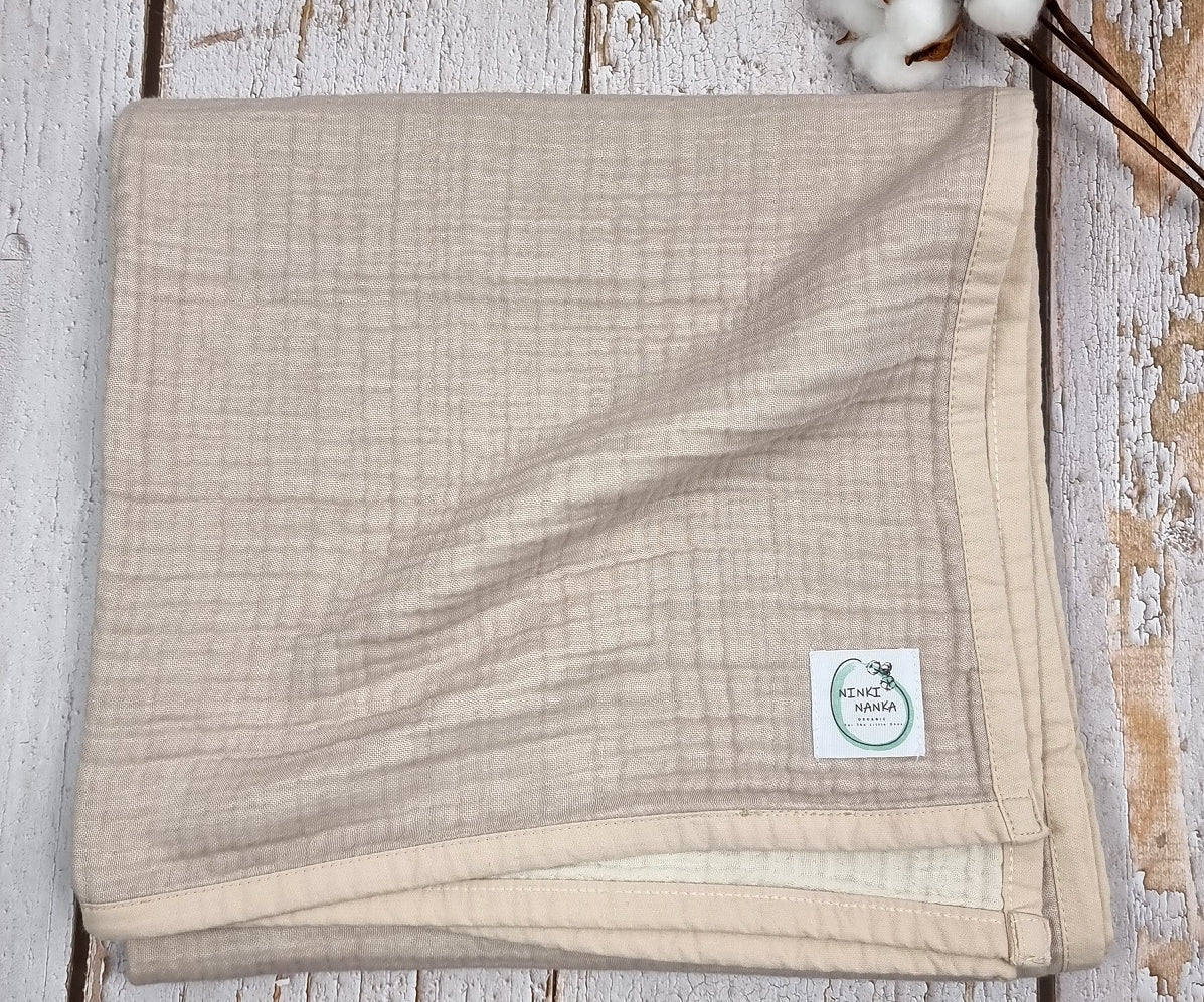 Organic cotton muslin double sided baby and toddler blanket, Beige & Ivory
