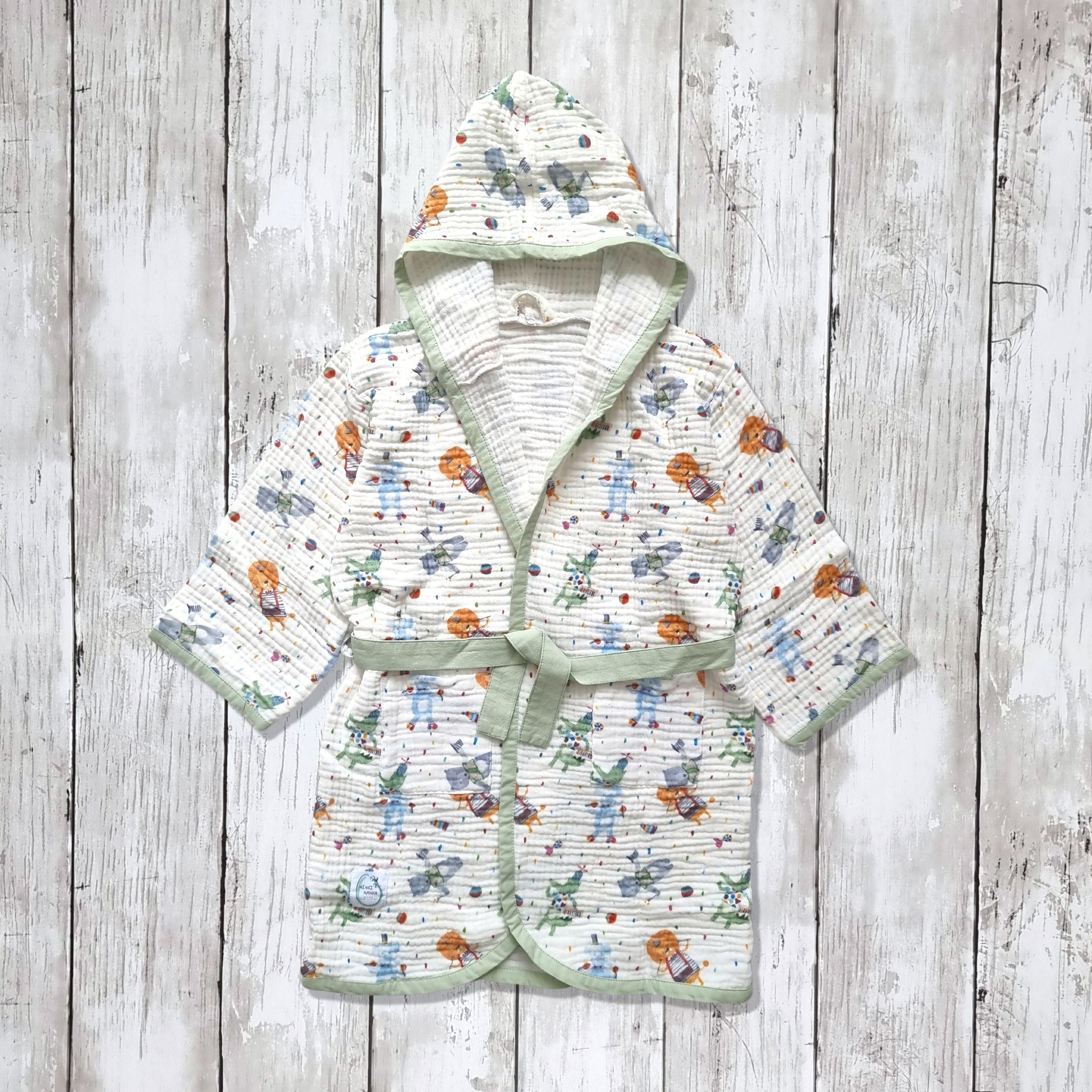 Circus animals printed hooded towelling robe for children,