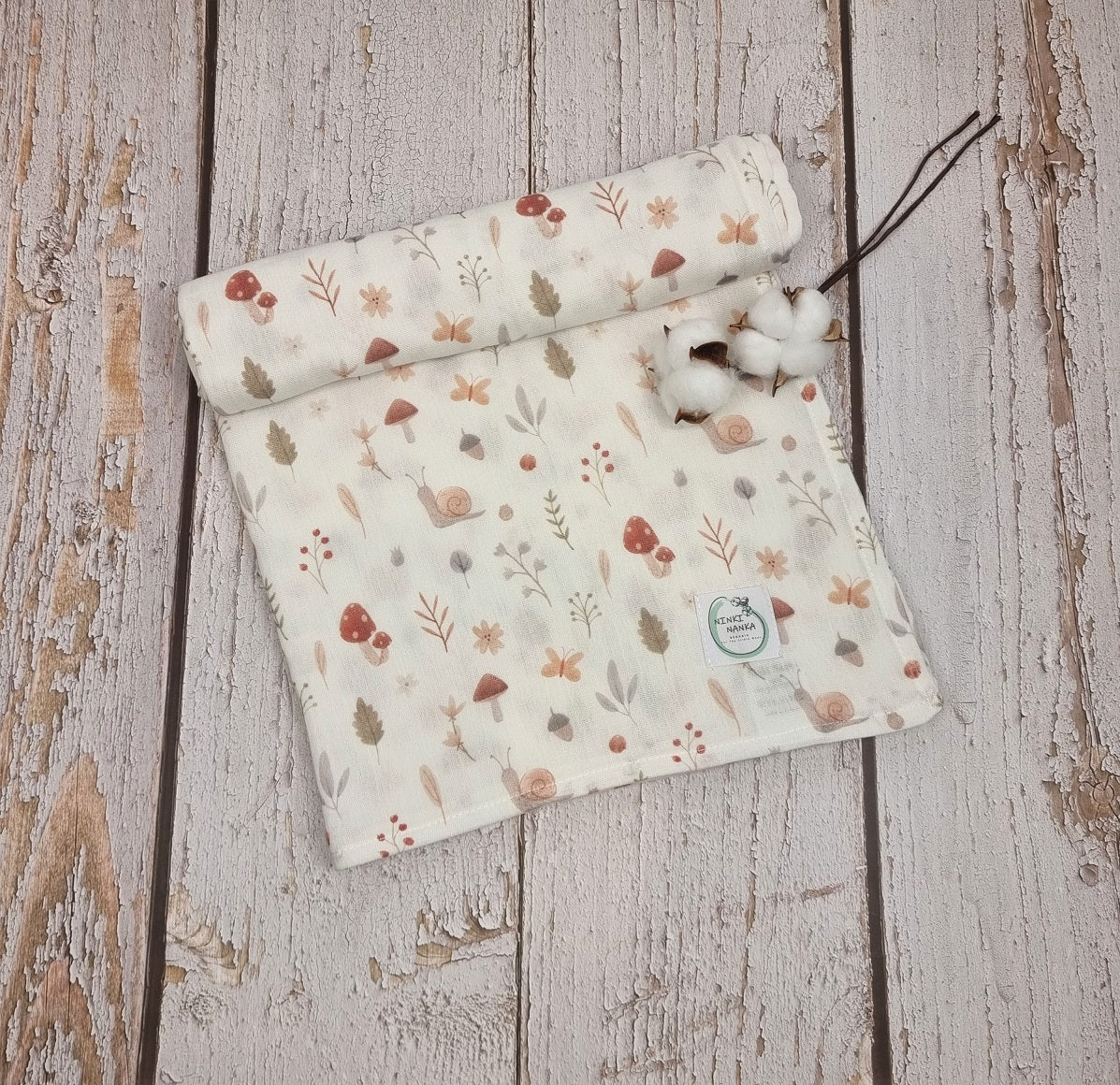 Woodland swaddle blanlet, mushroom muslin swaddle, Organic muslin swaddle