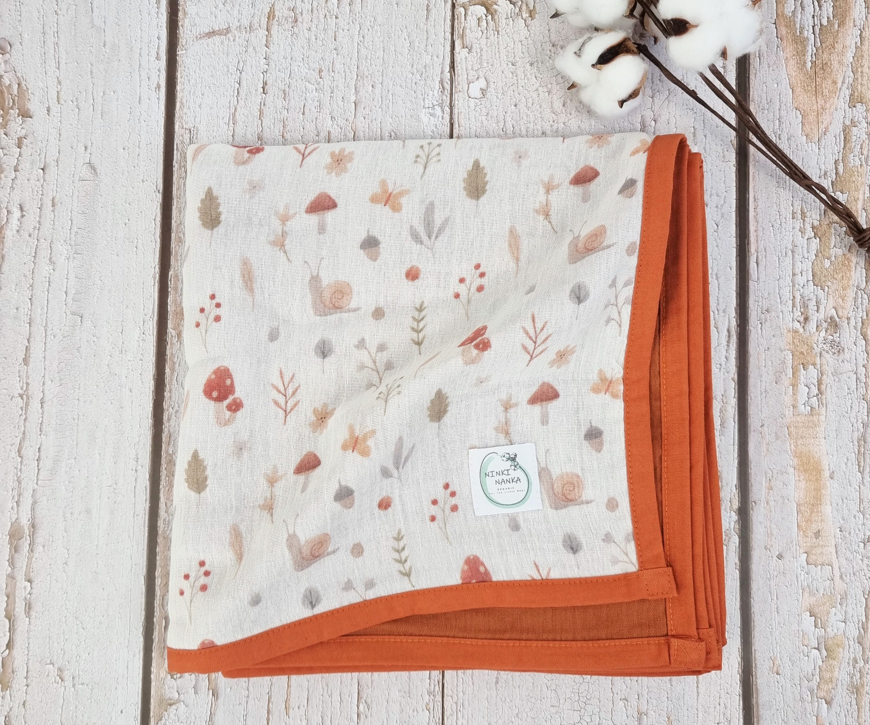 Woodland double sided organic muslin quilt blanket for babies and toddlers. White& cinnamon