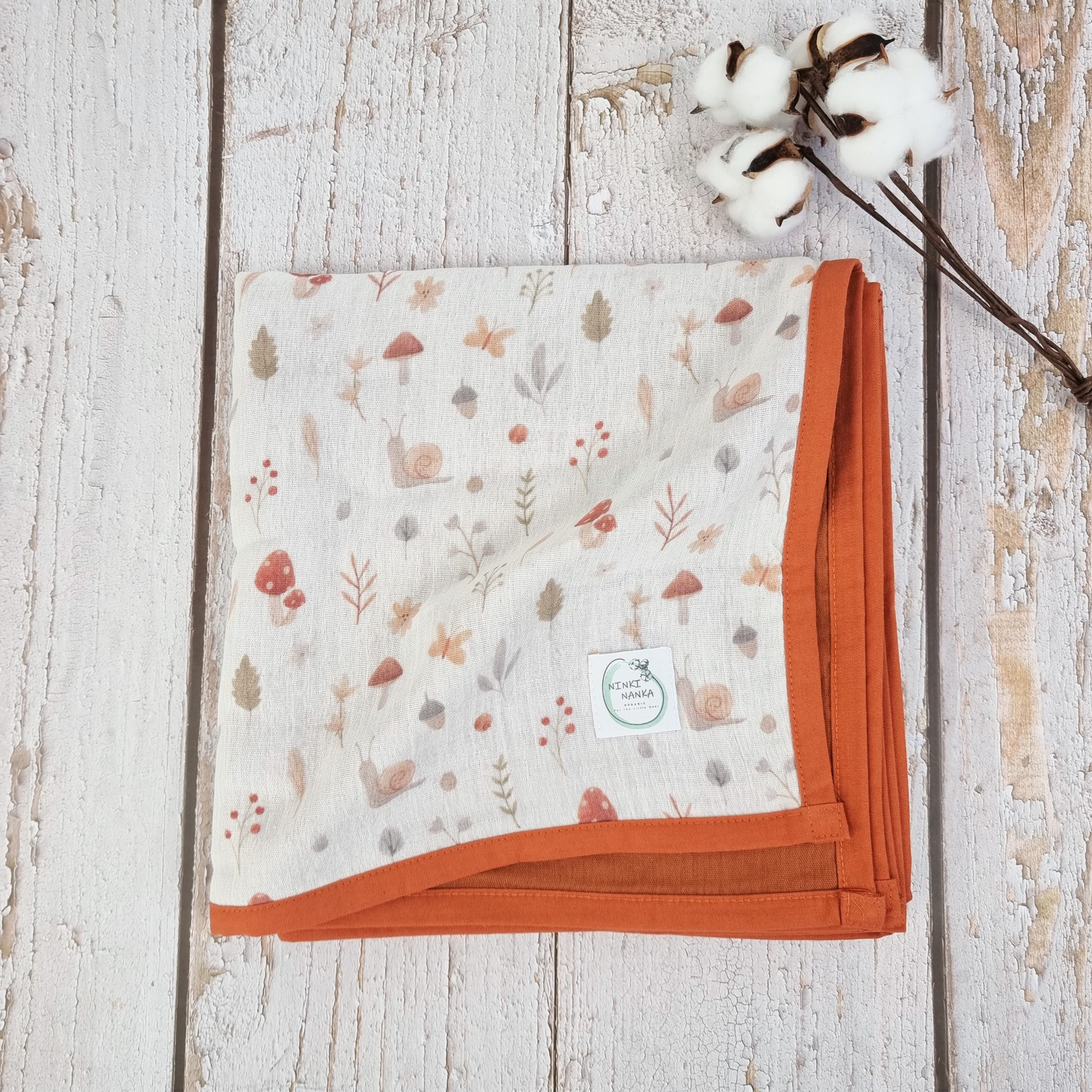 Woodland double sided organic muslin quilt blanket for babies and toddlers. White& cinnamon